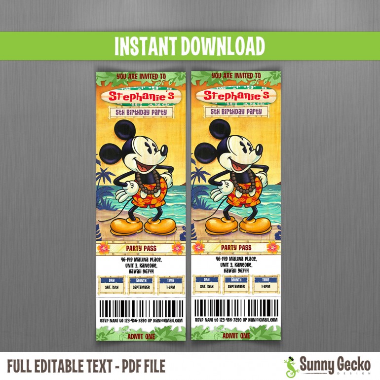 Mickey Mouse Aloha Birthday Ticket Invitations